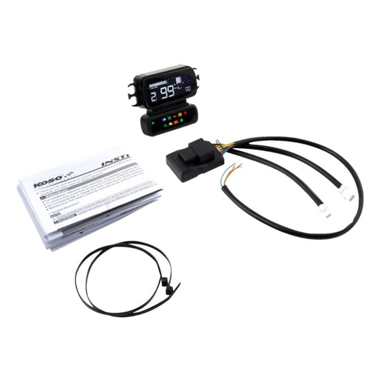 Digital KOSO D2 heads-up display (HUD) showcasing a multifunction meter, speedometer, rpm, and various vehicle warning indicators.