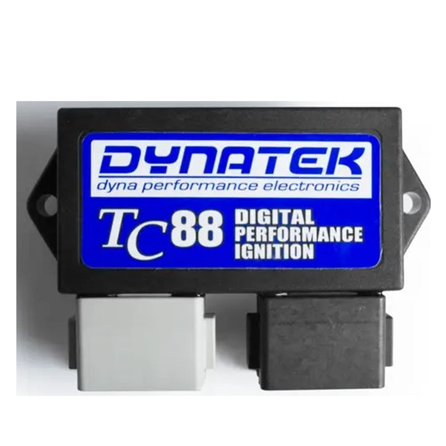 A Dynatek 2000TC programmable ignition module with a blue and white label on a black casing.
