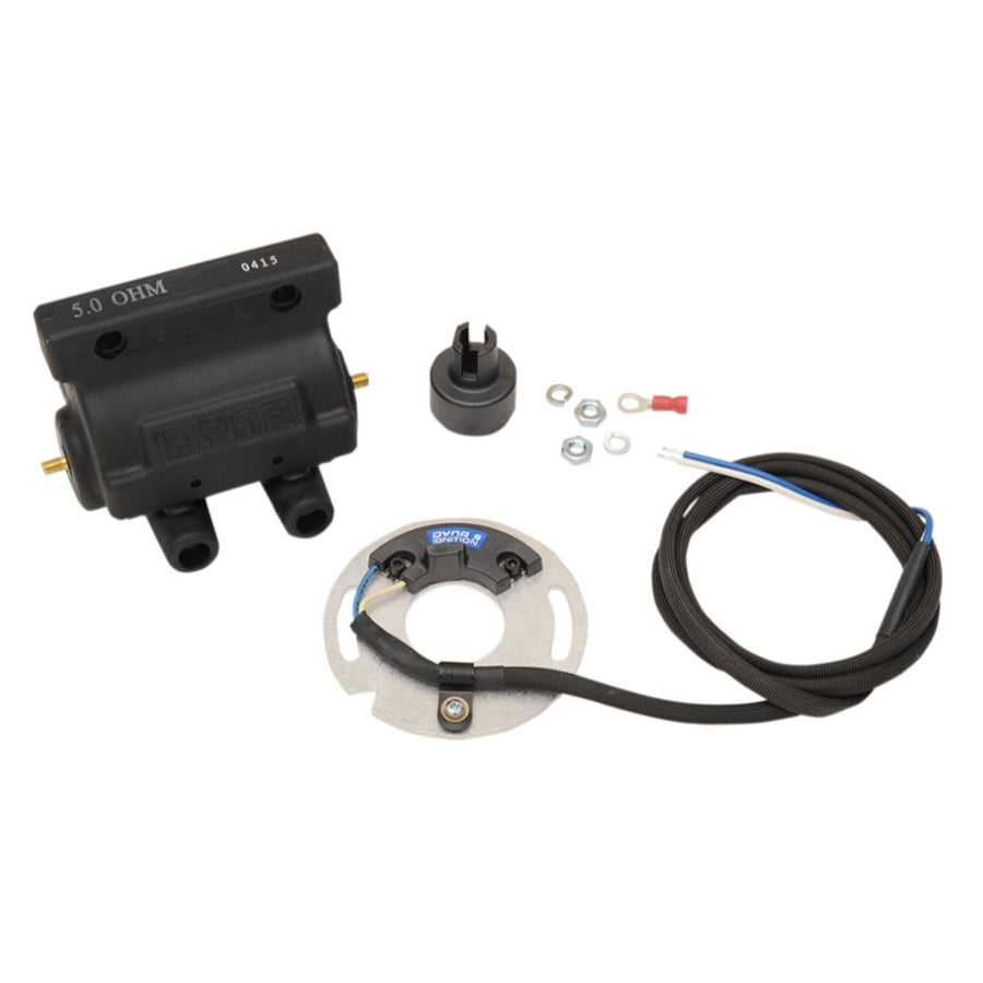 An Dual-Fire Ignition Kit for Harley Davidson Big Twin, Dyna, and Sportster models and accessories including a bracket, electrical connector, and various mounting hardware on a white background are components of the Dynatek ignition systems.