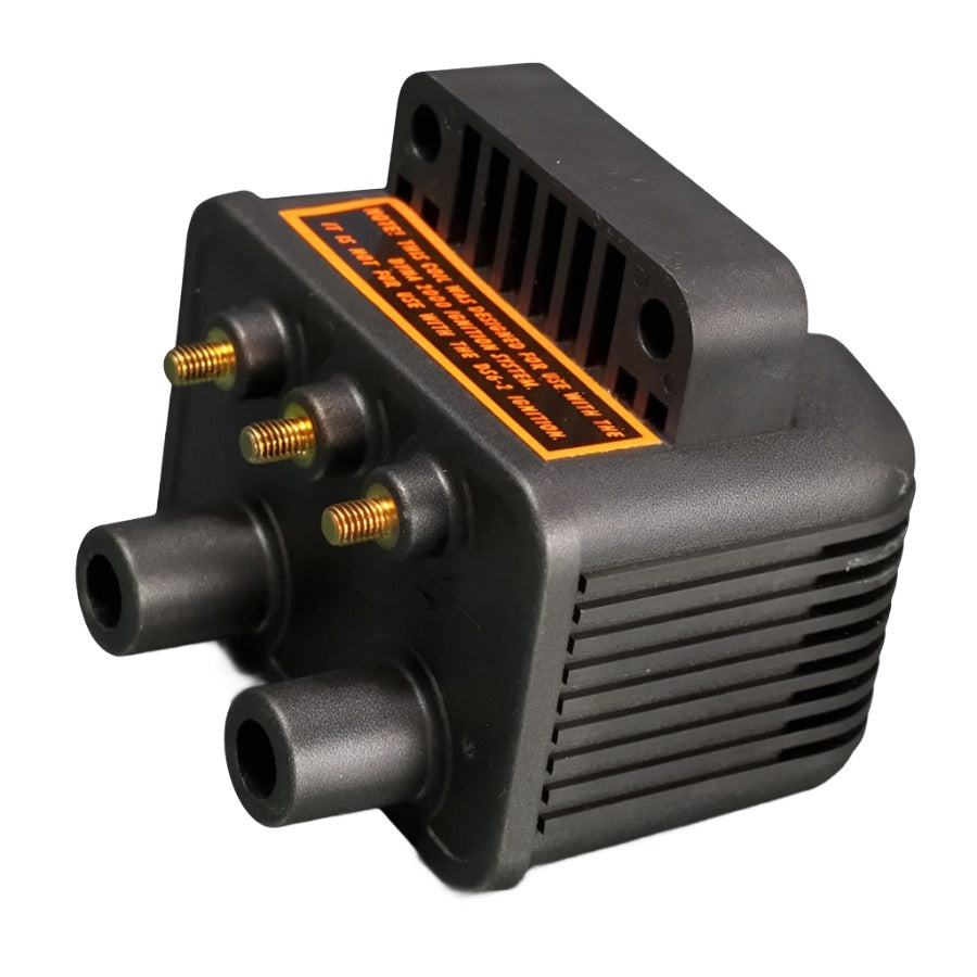 An ignition coil for an internal combustion engine, with a label warning it is not for use with solid-state ignition systems. Designed specifically for Big Twin Sportster FXD Models, the Dynatek Twin Fire II Miniature 3 Ohm Coil is a perfect fit.