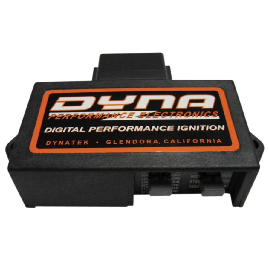 A black rectangular electronic device labeled "Dynatek TC88 Performance Ignition Module - For '04-'05 FX, '04-'06 FL Models" with switches on the side, manufactured by Dynatek in Glendora, California, featuring an adjustable rev limiter and advanced curves for optimal performance.