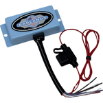 A light blue rectangular Badlands Universal Turn Signal Module With Auto Canceling, featuring a black wiring harness and a red wire with an inline fuse holder.