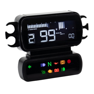 The Koso D2 Heads-Up Display for Harley '04-'11 FX, '04-'13 FL, and '04-'13 XL models shows a speed of 99 km/h with various dashboard indicators and icons illuminated below, featuring a multifunction meter for enhanced riding information.