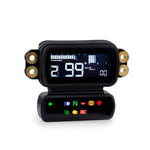 Koso Instrument Cluster Gasket and Bushing Kit for Harley-Davidson Softail 2018-2024 with Digital Gauge, includes a black rectangular bracket with three mounting holes, four brass inserts, and a rubber gasket on a white background.