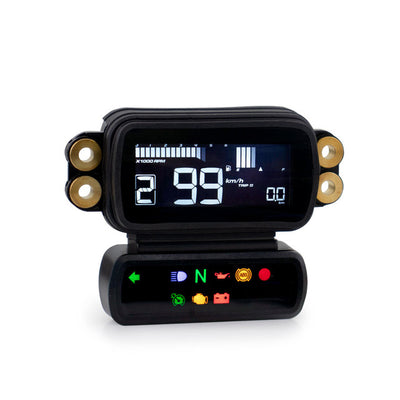 Koso's Rubber Gasket for Harley D2 Heads-Up Display Speedo Gauge features a black plastic rectangular seal with four attachment points and four gold metal inserts, all on a white background.