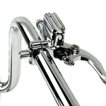 Four Moto Iron® Brake/Clutch Mounted Switches and black handlebar switch housings are arranged diagonally on a white background.