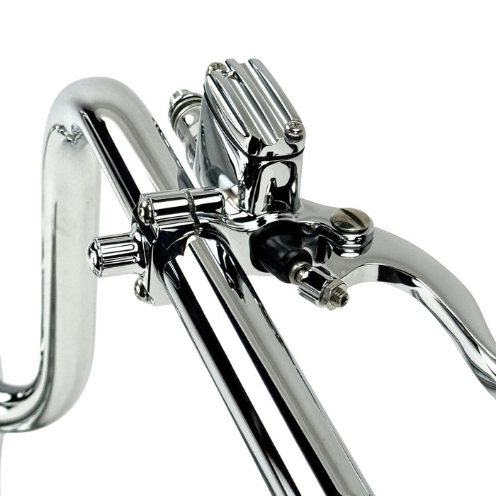 Four Moto Iron® Brake/Clutch Mounted Switches and black handlebar switch housings are arranged diagonally on a white background.