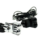 Four Moto Iron® Brake/Clutch Mounted Switches and black handlebar switch housings are arranged diagonally on a white background.