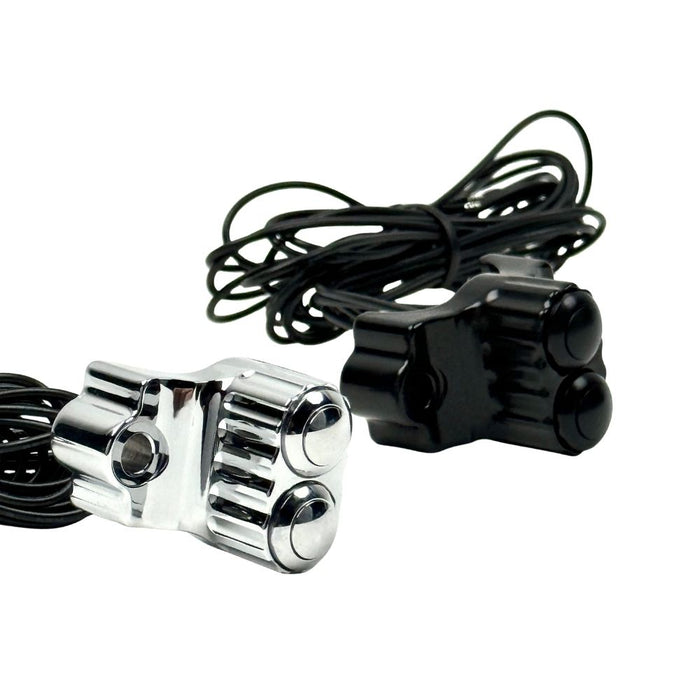 Four Moto Iron® Brake/Clutch Mounted Switches and black handlebar switch housings are arranged diagonally on a white background.