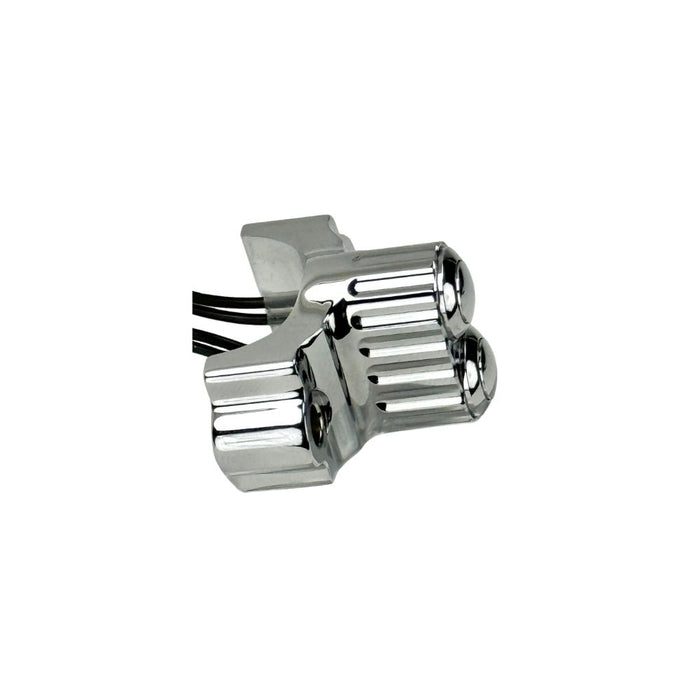 Four Moto Iron® Brake/Clutch Mounted Switches and black handlebar switch housings are arranged diagonally on a white background.