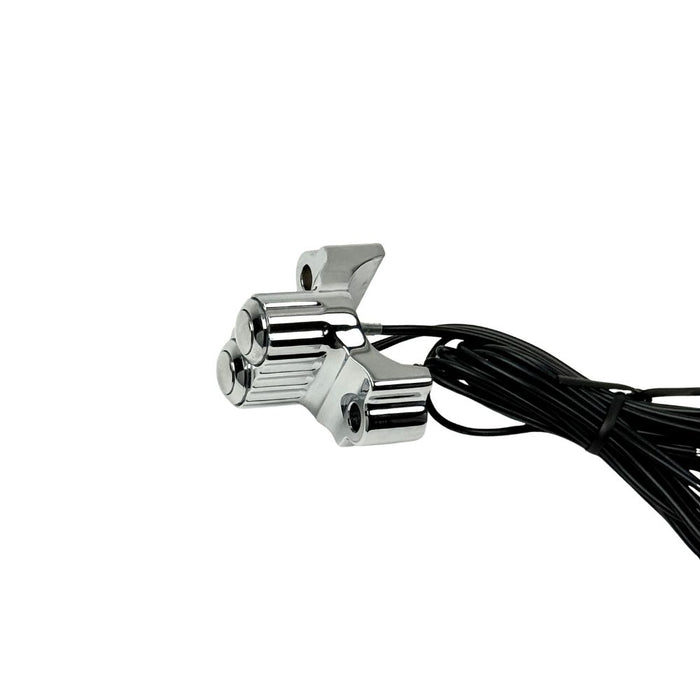Four Moto Iron® Brake/Clutch Mounted Switches and black handlebar switch housings are arranged diagonally on a white background.