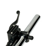 Four Moto Iron® Brake/Clutch Mounted Switches and black handlebar switch housings are arranged diagonally on a white background.
