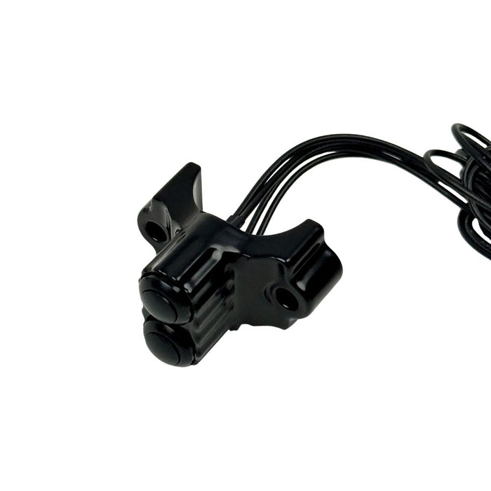 Four Moto Iron® Brake/Clutch Mounted Switches and black handlebar switch housings are arranged diagonally on a white background.