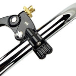 Four Moto Iron® Brake/Clutch Mounted Switches and black handlebar switch housings are arranged diagonally on a white background.