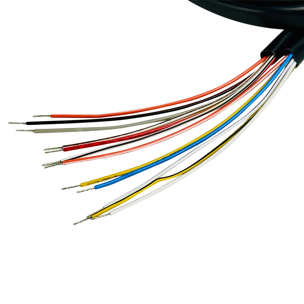 The Moto Iron® 8" Handlebar Wiring Extension Kit with switches for Harley-Davidson 1996-2006 includes wired switches for indicators, horn, lights, start, and run plus multicolored wires—ideal as a handlebar extension.