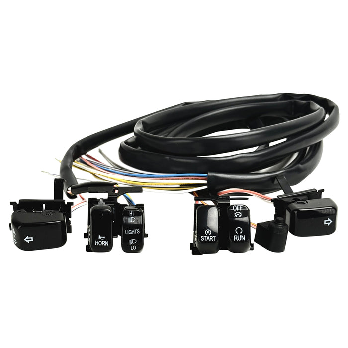 The Moto Iron® 8" Handlebar Wiring Extension Kit with switches for Harley-Davidson 1996-2006 includes wired switches for indicators, horn, lights, start, and run plus multicolored wires—ideal as a handlebar extension.