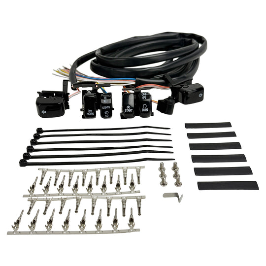 The Moto Iron® 8" Handlebar Wiring Extension Kit with switches for Harley-Davidson 1996-2006 includes wired switches for indicators, horn, lights, start, and run plus multicolored wires—ideal as a handlebar extension.
