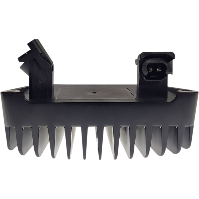 A close-up of a black and silver rectangular air vent with vertical slats, resembling the Drag Specialties Voltage Regulator for 2017-2024 Harley-Davidson Touring motorcycles by Drag Specialties.