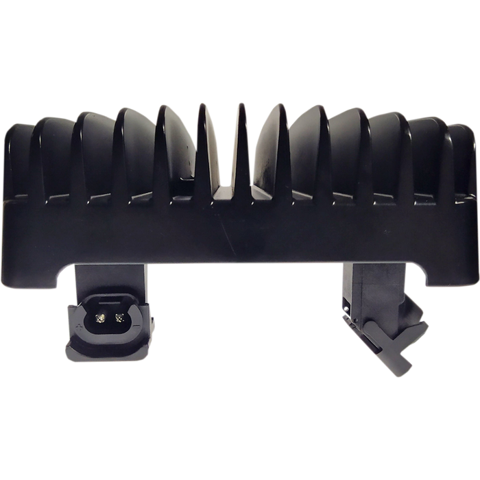 A close-up of a black and silver rectangular air vent with vertical slats, resembling the Drag Specialties Voltage Regulator for 2017-2024 Harley-Davidson Touring motorcycles by Drag Specialties.