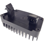 A close-up of a black and silver rectangular air vent with vertical slats, resembling the Drag Specialties Voltage Regulator for 2017-2024 Harley-Davidson Touring motorcycles by Drag Specialties.