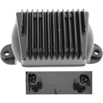 Drag Specialties Voltage Regulator for 2009-2016 Harley-Davidson Touring features a black metal heat sink with vertical fins and mounting holes, shown from top and bottom angles—ideal for Touring models.