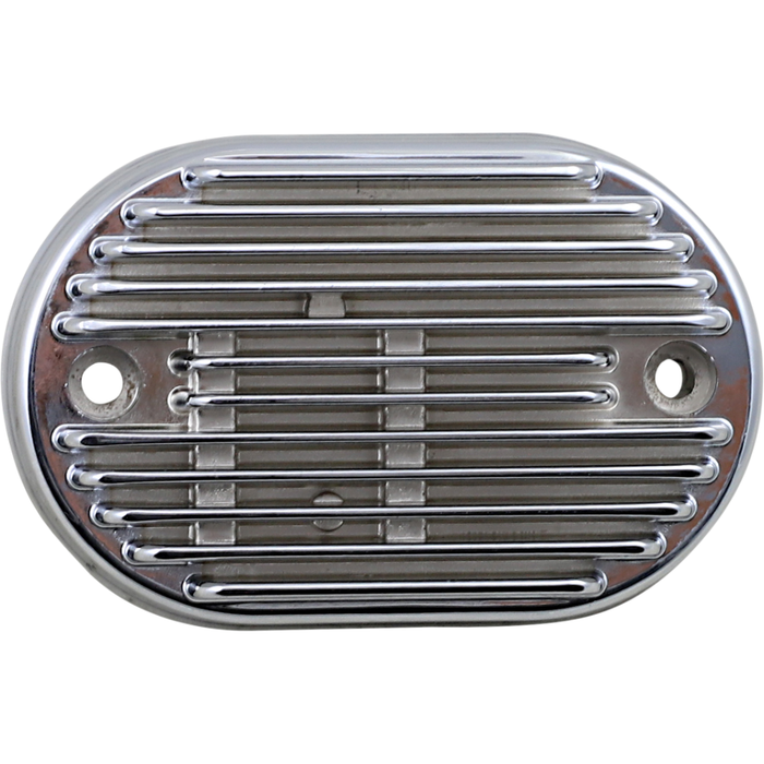 The Drag Specialties Voltage Regulator Cover for 2011-2016 Harley-Davidson Softail is an oval, metallic, vented plate with horizontal ridges and two side screw holes, designed to fit Drag Specialties voltage regulators.