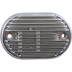 The Drag Specialties Voltage Regulator Cover for 2011-2016 Harley-Davidson Softail is an oval, metallic, vented plate with horizontal ridges and two side screw holes, designed to fit Drag Specialties voltage regulators.