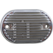 The Drag Specialties Voltage Regulator Cover for 2011-2016 Harley-Davidson Softail is an oval, metallic, vented plate with horizontal ridges and two side screw holes, designed to fit Drag Specialties voltage regulators.