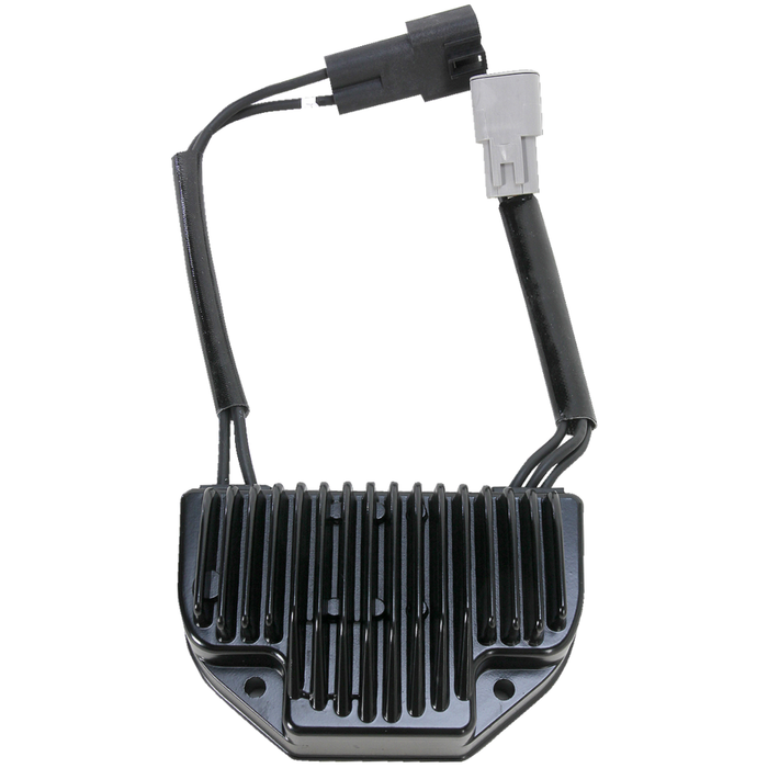 The Drag Specialties Voltage Regulator for 2004-2005 Harley-Davidson Dyna features a black and silver finish, cooling fins, and two electrical connectors.