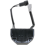 The Drag Specialties Voltage Regulator for 2004-2005 Harley-Davidson Dyna features a black and silver finish, cooling fins, and two electrical connectors.