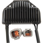 The Drag Specialties Voltage Regulator for 2006-2007 Harley-Davidson Dyna is a black electronic component with cooling fins and two cables ending in gray and orange connectors, designed for reliable voltage regulation.