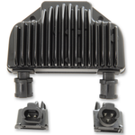 The Drag Specialties Voltage Regulator for 2008-2017 Harley-Davidson Dyna is shown in black with cooling fins, along with two separate electrical connectors beneath it.