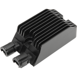 The Drag Specialties Voltage Regulator for 2014-2022 Harley-Davidson Sportster is a black electronic heat sink with two connectors and multiple cooling fins, designed to ensure reliable voltage regulation for your motorcycle.