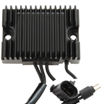 The Drag Specialties Voltage Regulator for 2004-2006 Harley-Davidson Sportster features a black rectangular design with cooling fins, two mounting holes, and three cables with black plastic connectors.