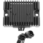 The Drag Specialties Voltage Regulator for 2007-2008 Harley-Davidson Sportster is a black, rectangular unit with cooling fins, two mounting holes, and cables ending in black connectors—ideal for replacing your bike's original voltage regulator.