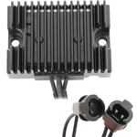 The Drag Specialties Voltage Regulator for 2009-2013 Harley-Davidson Sportster is a black, rectangular unit with finned heat sinks and two wiring plugs, designed specifically for Sportster models.