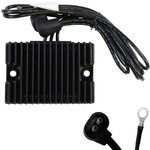 The Drag Specialties Voltage Regulator for 1989-1999 Harley-Davidson Big Twin features a rectangular black design with cooling fins, attached cables, ring terminal, and two-prong connector. Shown on a white background.