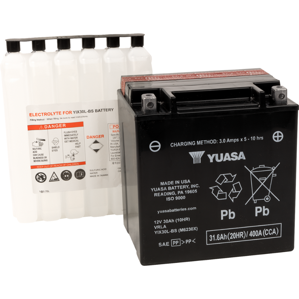 Yuasa YIX30L Battery by Yuasa is pictured with its electrolyte pack, displaying safety and usage instructions for this dependable AGM motorcycle battery.
