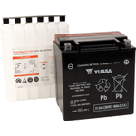 Yuasa YIX30L Battery by Yuasa is pictured with its electrolyte pack, displaying safety and usage instructions for this dependable AGM motorcycle battery.