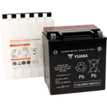 Yuasa YIX30L Battery by Yuasa is pictured with its electrolyte pack, displaying safety and usage instructions for this dependable AGM motorcycle battery.