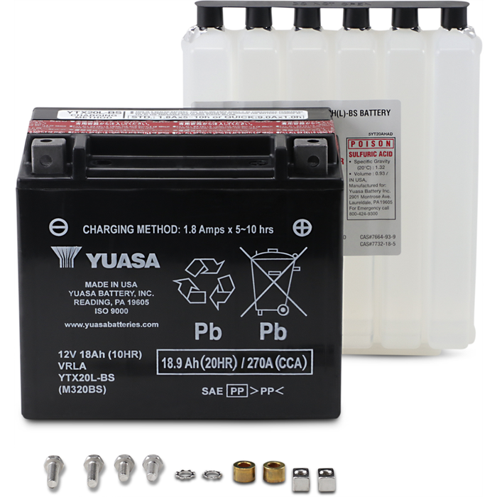 A Yuasa YTX20LBS Battery by Yuasa (12V, 270 CCA) is shown with specs on its label, accompanied by an acid pack and small hardware components neatly arranged in front.