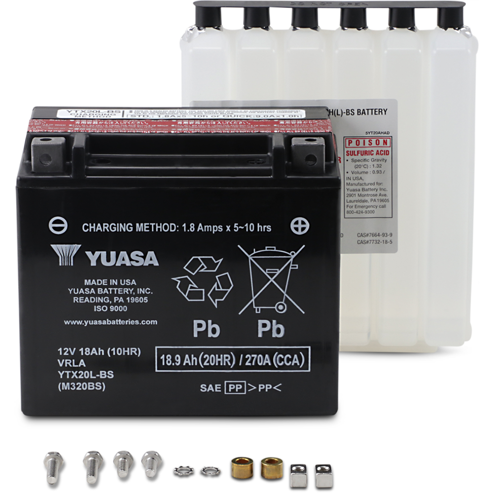 A Yuasa YTX20LBS Battery by Yuasa (12V, 270 CCA) is shown with specs on its label, accompanied by an acid pack and small hardware components neatly arranged in front.