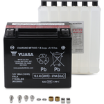 A Yuasa YTX20LBS Battery by Yuasa (12V, 270 CCA) is shown with specs on its label, accompanied by an acid pack and small hardware components neatly arranged in front.