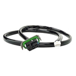 The Namz 15" Speedometer Extension/Conversion Harness for 2018-2024 Harley-Davidson Softail features a black cable with a rectangular green and black connector on one end and a small white connector on the other, coiled in a loop.