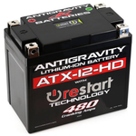 Three AntiGravity RE-START Series Lithium Batteries are displayed in a staggered arrangement on a white background. Each lightweight LiFePO4 battery features innovative RE-START technology for enhanced performance and reliability.