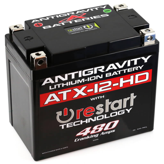 Three AntiGravity RE-START Series Lithium Batteries are displayed in a staggered arrangement on a white background. Each lightweight LiFePO4 battery features innovative RE-START technology for enhanced performance and reliability.