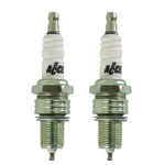Four Accel Spark Plugs for Harley-Davidson Shovelhead and Evolution engines, from the Accel brand, are displayed in two pairs on a white background, showing noticeable differences in their metal tips.