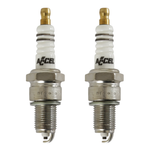 Four Accel Spark Plugs for Harley-Davidson Shovelhead and Evolution engines, from the Accel brand, are displayed in two pairs on a white background, showing noticeable differences in their metal tips.