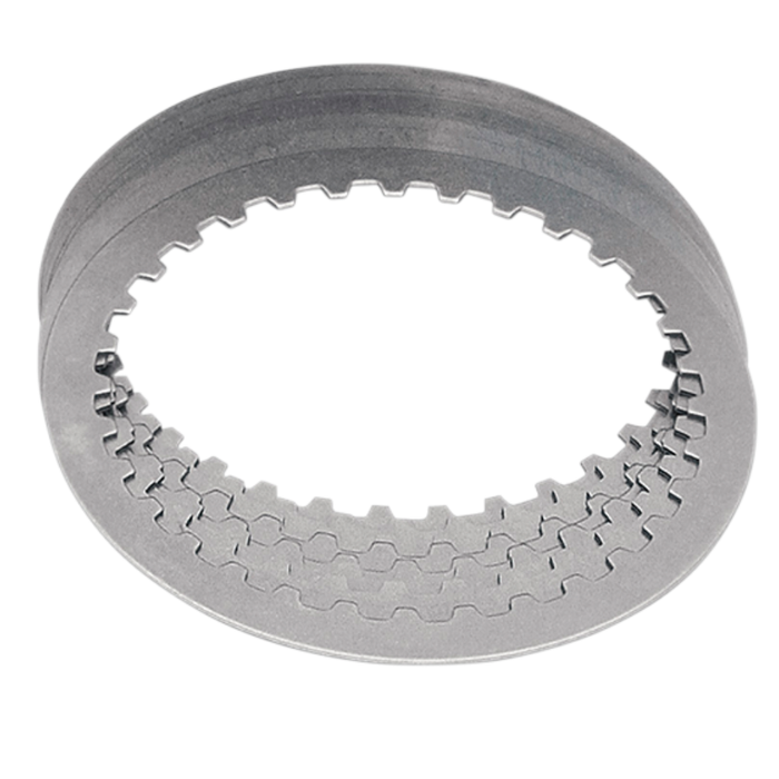 Three stacked circular Drag Specialties Steel Drive Plates for 1998-2017 Harley-Davidson Big Twin, featuring inner gear-like teeth for clutch service.