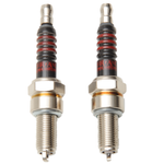 Two Drag Specialties Spark Plugs for Harley-Davidson M-8 and XG with gold-tone threaded bases and black ribbed upper sections with red bands.
